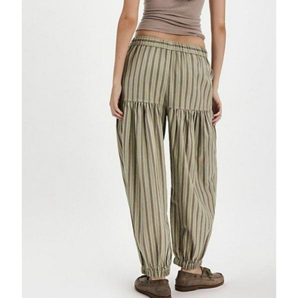 Free People Ellie Green Brown Striped Harem Pants Joggers Wide-Leg L New - Picture 2 of 9